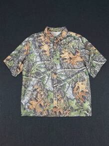 SHEIN Manfinity Dauomo Camisa casual holgada de manga corta con botones y estampado de hojas de árbol para hombre