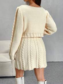 Women's Crew Neck Long Sleeve Simple Top And Skirt Knit Sweater Set Fall Cloth For Women - Khaki - View 3