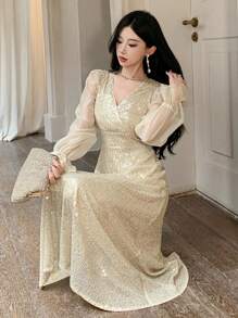 DAZY Sequin Patchwork V-Neck Puff Sleeve Midi Dress For Women Prom Dress,Fall Dress Luxury Elegant Women Dresses New Year Eve Dress Sparkly Dress - Apricot - View 1