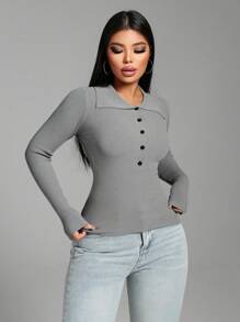 Zolique Women's Front Button Long Sleeve Casual Slimming Polo Neck Knitted Sweater Fall Winter - Grey - View 3