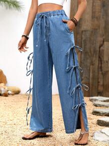 Breezaya Women's Front Tie Pocket Casual Straight Leg Jeans