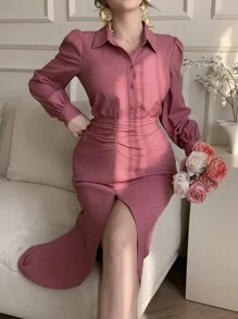 DAZY Plain Textured Button-Up Midi Dress With Gathered Waist And Side Slit For Women,Fall Dress Long Sleeve Dress - Hot Pink - View 8