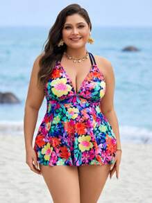 Swim Lushoire Plus Size Women 2pcs Tropical Print Deep V-Neck Cross Back Swim Dress & Solid Brief, Elegant For Pool, Beach, Party, For Summer Vacation