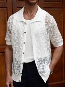 Manfinity Homme Men's Solid Color Front Button Short Sleeve Casual Knit Top - Multicolor - View 3