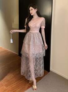 DAZY V-Neck Sequin Ruffle Hem Mid-Long Dress For Women, Holiday & Date Night Outfit Prom Dress Sundress