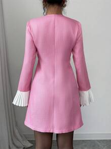 Elenzga Elegante Sexy Zwarte Mini A-lijn Jurk Voor Dames Met Gouden Knoop Contrasterende Kleur Ruffle Manchet, Lange Mouw
