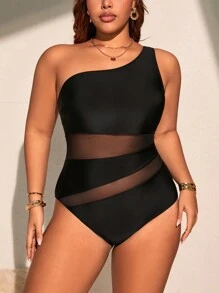 SHEIN Swim Curve Plus Size Women 1pc Solid Color Mesh Splice Asymmetric Tight Fit Swimsuit For Summer Beach Vacation - Black - View 1