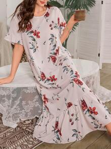 Ruffle Edge Patchwork Floral Print Long Nightgown - Multicolor - View 1