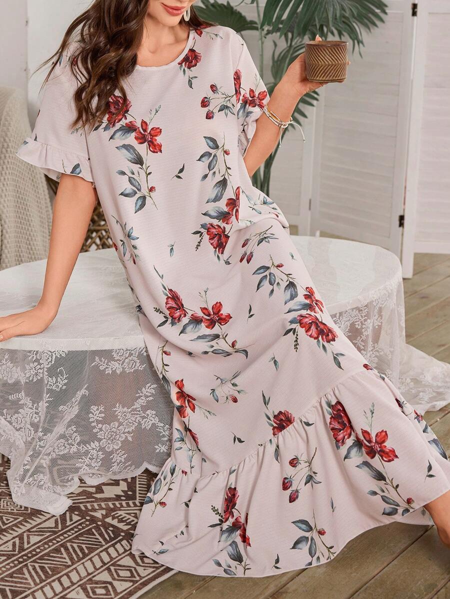 Ruffle Edge Patchwork Floral Print Long Nightgown - Multicolor - View 1