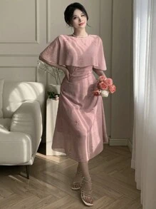 DAZY 女士花卉印花中长连衣裙，带荷叶边下摆舞会礼服，女士正式连衣裙 - 粉色 - 查看 12