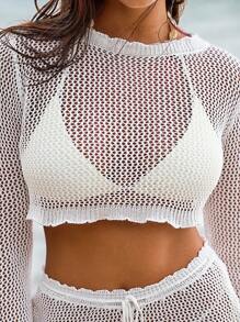 Swim Vcay Beach Vacation Outfit For Women, 2Pcs Set - Casual Hollow Out Long Sleeve Knitted Sweater Blouse And High Waisted Shorts, Tropical Summer Fashion