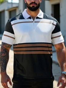 Manfinity Homme Plus Size Men's Solid Color Patchwork Front Zipper Short Sleeve Casual Polo Shirt - Khaki - View 3