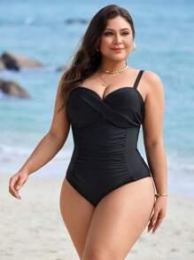 Swim Lushoire 大码女式纯色交叉腰部褶皱优雅连体泳衣，适合泳池和海滩度假村，适合夏季度假 - 黑色 - 查看 5