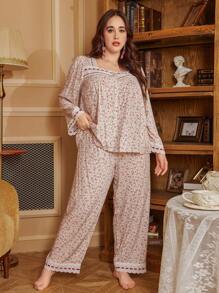 Retro Ditsy Floral Print Plus Size Pajama Set With Contrast Satin Trim - Multicolor - View 6