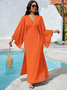 Women V-Neck Solid Color Long Sleeve Casual Long Dress - Orange - View 4