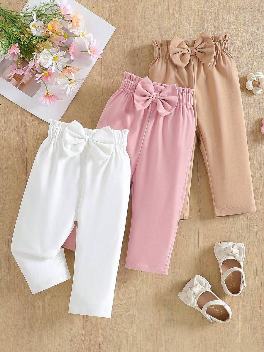 3pcs/Set Baby Girls' Solid Color Premium 3D Bow Decor Straight Leg Pants, Suitable For Casual Outings In Spring And Autumn - Multicolor - View 1