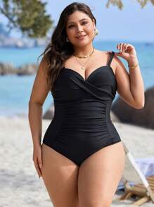 Swim Lushoire 大码女式纯色交叉腰部褶皱优雅连体泳衣，适合泳池和海滩度假村，适合夏季度假 - 黑色 - 查看 3