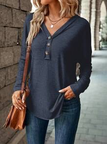 SHEIN LUNE Women's Solid Color Button Front Long Sleeve Basic Casual Top, Everyday Wear Fall Cloth For Women