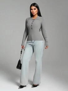 Zolique Women's Front Button Long Sleeve Casual Slimming Polo Neck Knitted Sweater Fall Winter - Grey - View 4