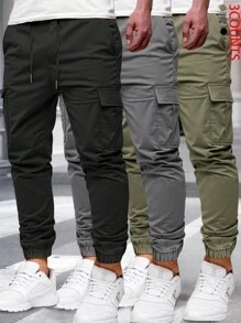 Manfinity Homme 3 件男士休闲纯色抽绳腰工装裤，黑色、军绿色和石灰色，适合送给朋友、丈夫、男朋友的礼物，秋季服装 - 黑色 - 查看 1