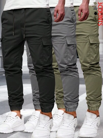 Manfinity Homme 3pcs Men's Casual Solid Color Drawstring Waist Cargo Pants, Black, Military Green, And Stone Gray, For Friends, Husband, Boyfriend Gifts, Fall Clothes