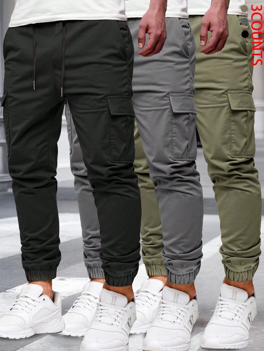 Manfinity Homme 3 件男士休闲纯色抽绳腰工装裤，黑色、军绿色和石灰色，适合送给朋友、丈夫、男朋友的礼物，秋季服装 - 黑色 - 查看 1