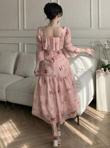 DAZY Floral Print Ruffle Hem Midi Dress For Women Prom Dress Easter - Pink - View 2