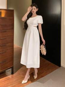 DAZY Einfarbiges asymmetrisches Schulter-Ausschnitt Midi-Kleid für Frauen, elegantes Sommerkleid, Kleid für Hochzeiten - Weiss - Übersicht 3