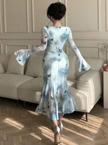 DAZY Full Floral Print V-Neck Bubble Puff Sleeve Fishtail Midi Dress For Women,Ruffle,Fall Dress Long Sleeve Dress - Blue - View 2