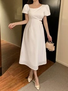 DAZY Einfarbiges asymmetrisches Schulter-Ausschnitt Midi-Kleid für Frauen, elegantes Sommerkleid, Kleid für Hochzeiten - Weiss - Übersicht 6