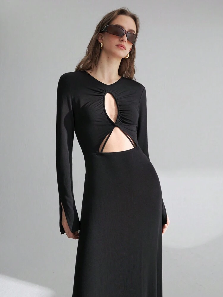 Elegant Modern Style, Black Hollow Out Design Women's Mini Dress, Fitted Silhouette, Suitable For Spring And Parties/Events Like Valentine's Day