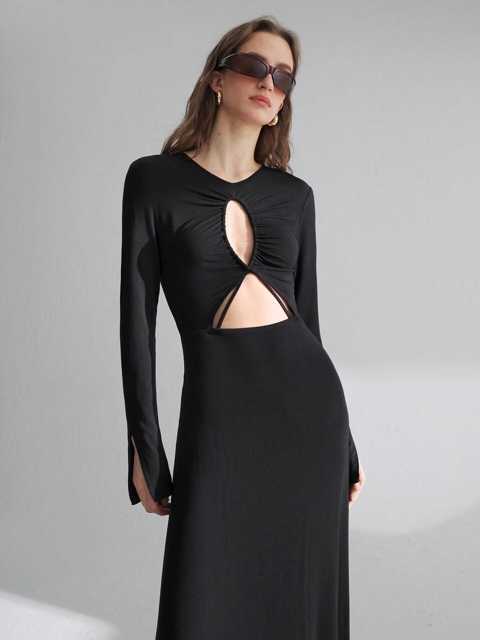 Elegant Modern Style, Black Hollow Out Design Women's Mini Dress, Fitted Silhouette, Suitable For Spring And Parties/Events Like Valentine's Day