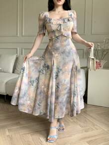 DAZY Vestido midi con mangas abullonadas, volantes en el bajo y estampado floral bohemio, vestido de verano elegante