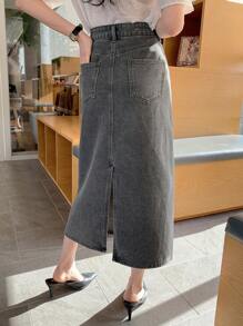 DAZY Washed Straight Cut Slit Women's Denim A-Line Skirt Jeans Skirt
