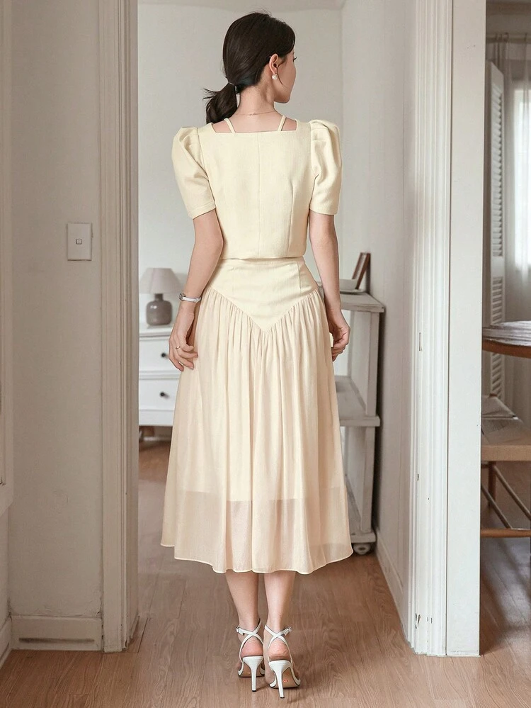 2 Pieces Set Women Office Wear Short Puff Sleeve Hollow Solid Blouse And Skirt