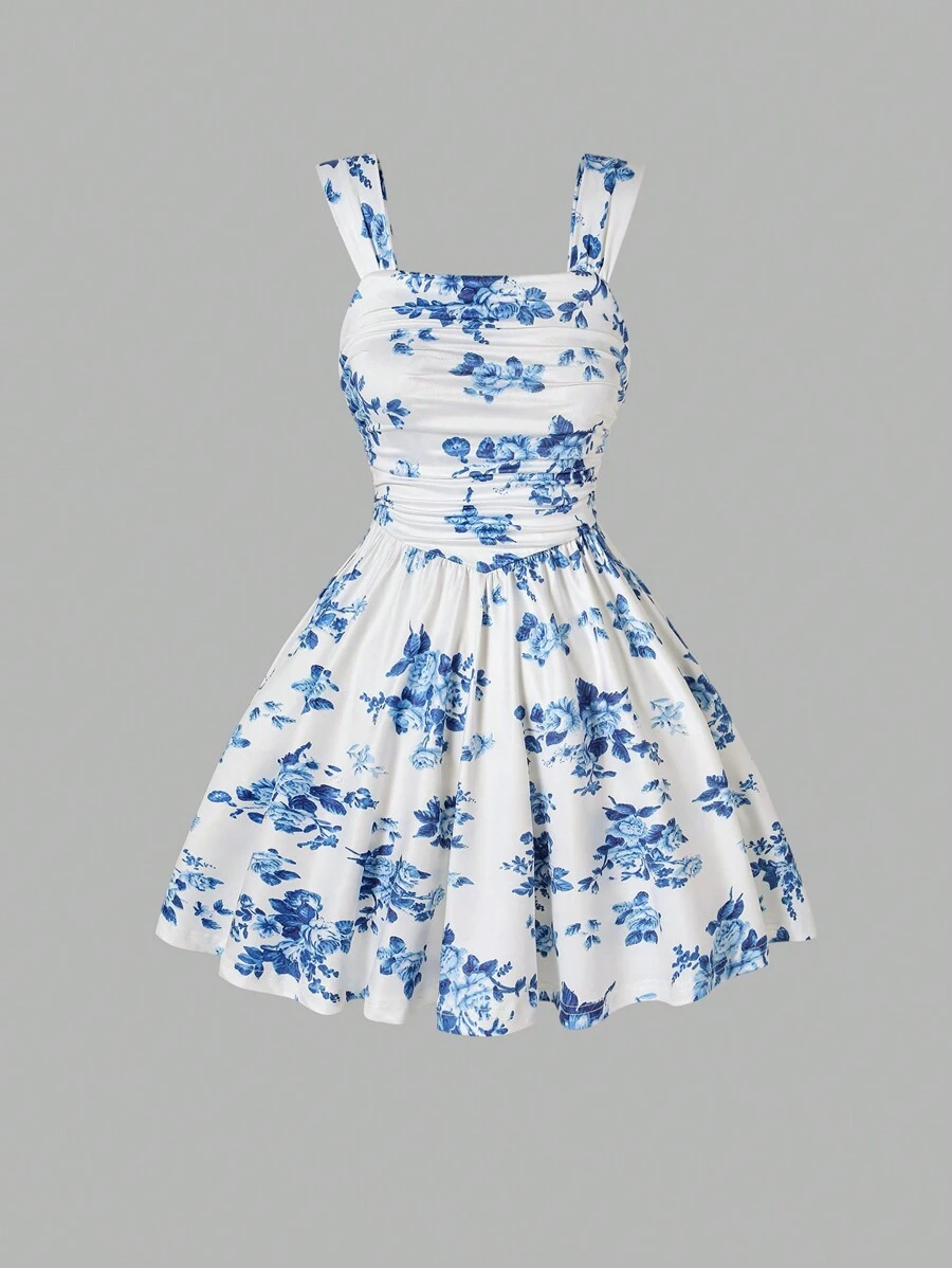 Tween Girls' Light Blue Chinoiserie Floral Print Ruched Sweet Dress,Holiday Summer Travel Summer Holiday