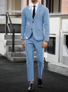 Calvornis 男士两件套 - 正面有纽扣口袋简约款式上衣和长裤套装 - 淺藍色 - 查看 4