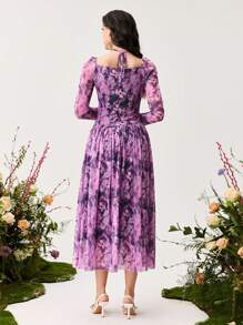 Modelyn Vestido maxi elegante sin mangas con cuello halter y malla con estampado floral para mujer