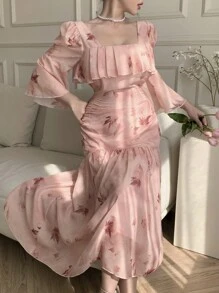 DAZY Floral Print Ruffle Hem Midi Dress For Women Prom Dress Easter - Pink - View 6