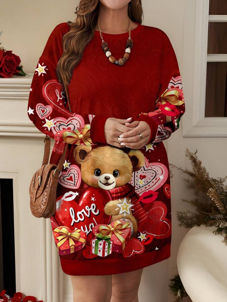 SHEIN LUNE Plus Size Women Valentine's Print Long Sweatshirt Dress, Suitable For Summer - Red - View 1