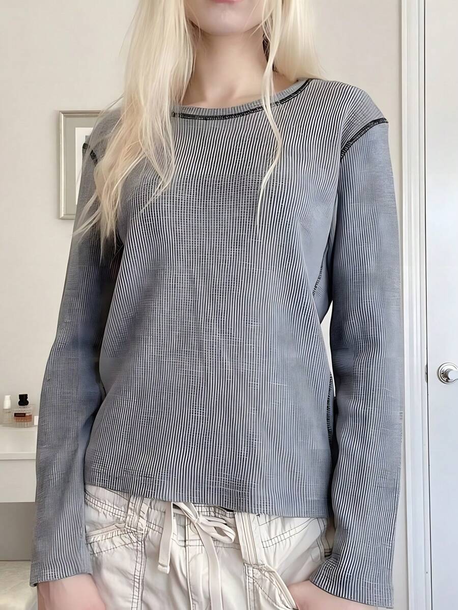 Jouncy 女士时尚灰色撞色缝线 T 恤 - 灰色 - 查看 1