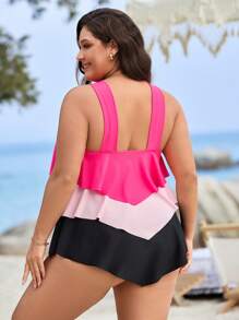 Swim Lushoire 2pcs Plus Size Women Multi-Color Multi-Layer Ruffle Hem Sleeveless Crop Top And Triangle Bottoms Summer Beach Vacation Halter Tankini Swimwear - Multicolor - View 2