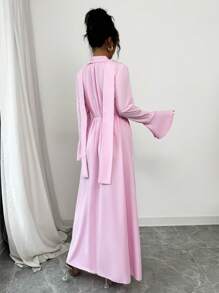 SHEIN Unity 女士优雅纯色 3D 花卉荷叶边袖系带中长连衣裙 - 粉色 - 查看 2