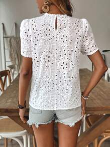 Breezaya Women's Casual Geometric Hollow Embroidered Floral Petal Sleeve Round Neck Short Sleeve Shirt, Spring/Summer - White - View 2