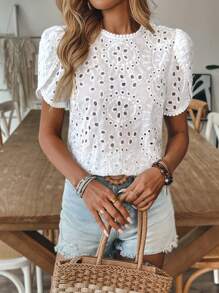 Breezaya Women's Casual Geometric Hollow Embroidered Floral Petal Sleeve Round Neck Short Sleeve Shirt, Spring/Summer - White - View 4