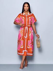 SOLERSUN Women's Patchwork Printed Dolman Sleeve Midi Dress With Waist Tie, Casual Resort Style