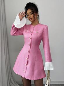 Elenzga Elegante Sexy Zwarte Mini A-lijn Jurk Voor Dames Met Gouden Knoop Contrasterende Kleur Ruffle Manchet, Lange Mouw