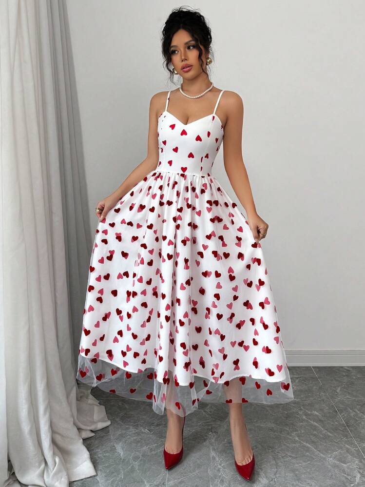 Chiquease Vestido de línea A con capas y diseño de corazón transparente para cita del Día de San Valentín - Blanco - Añade 4