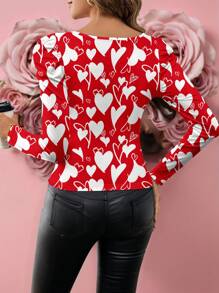 SHEIN Clasi Luipaardprint vierkante hals ballonmouw zwarte top, casual blouse met hartpatroon voor dames, geschikt voor lente en herfst voor Valentijnsdag