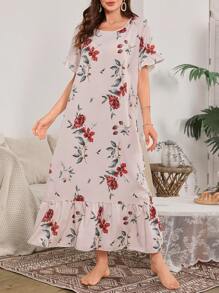 Ruffle Edge Patchwork Floral Print Long Nightgown - Multicolor - View 4